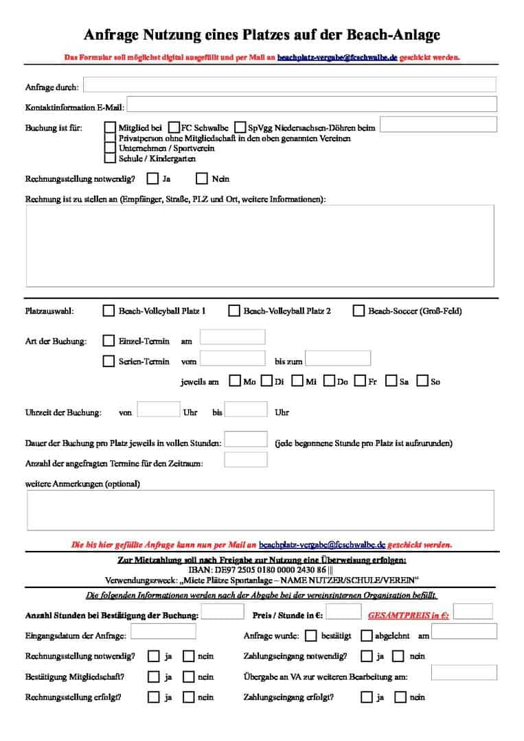 FC Schwalbe Anfrageformular Beachplatz-Nutzung
